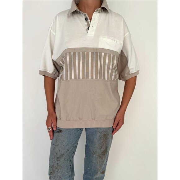 90s vintage white brown striped retro style unisex mens collared polo golf shirt - Picture 2 of 10